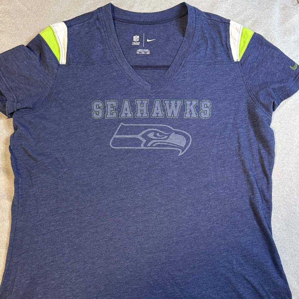 Nike Women's Seahawks V-Neck Tee - Navy with Lime and White Accents